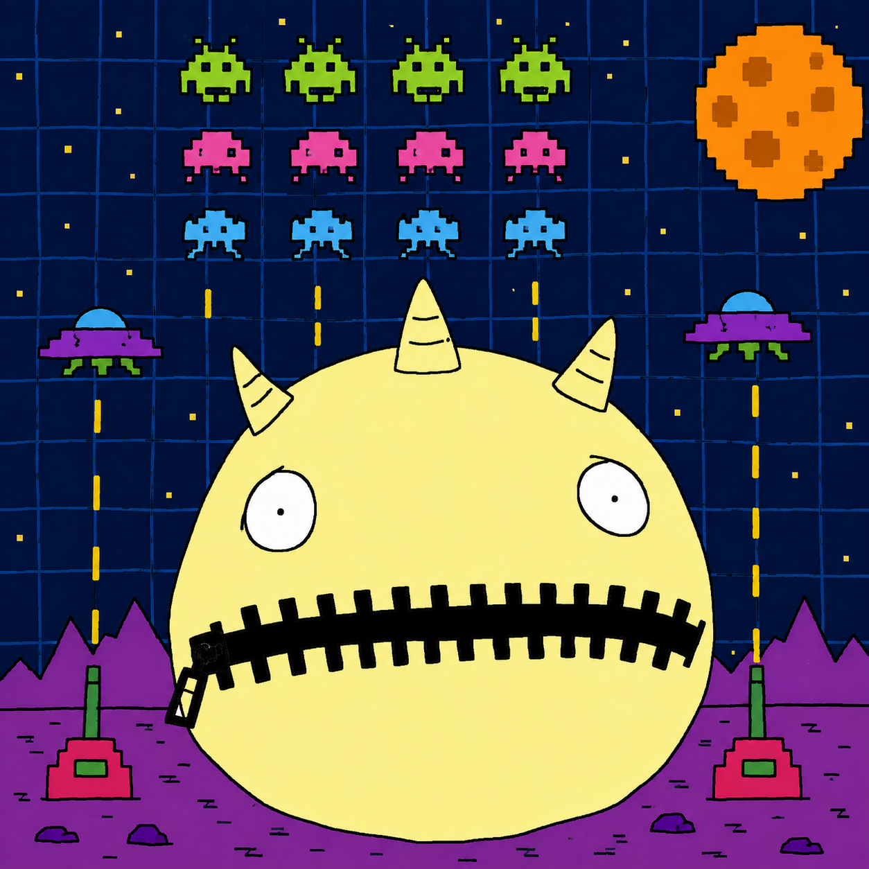 ZUMIX in a glowing pixel arcade landscape