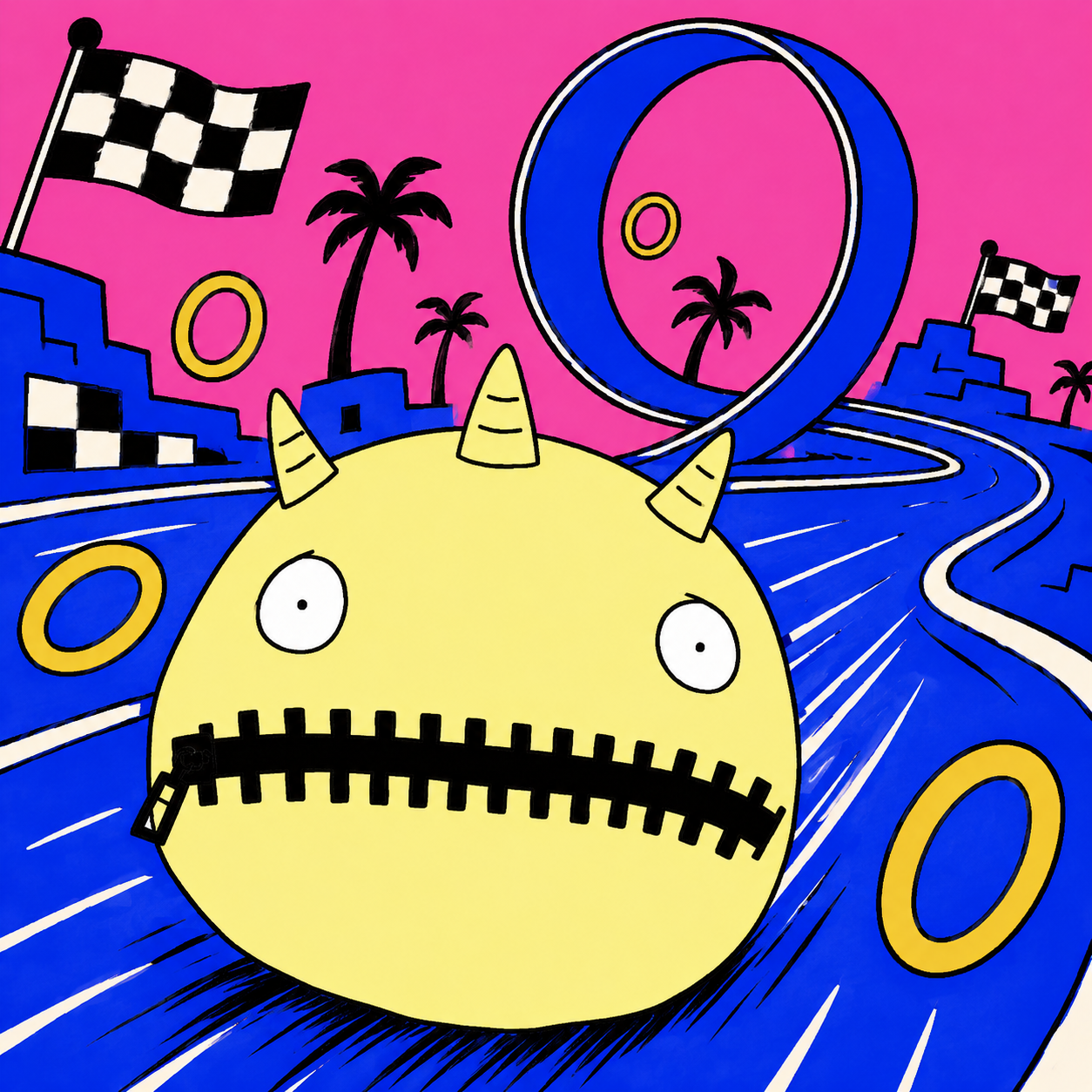 ZUMIX racing through a blue loop with coins and flags