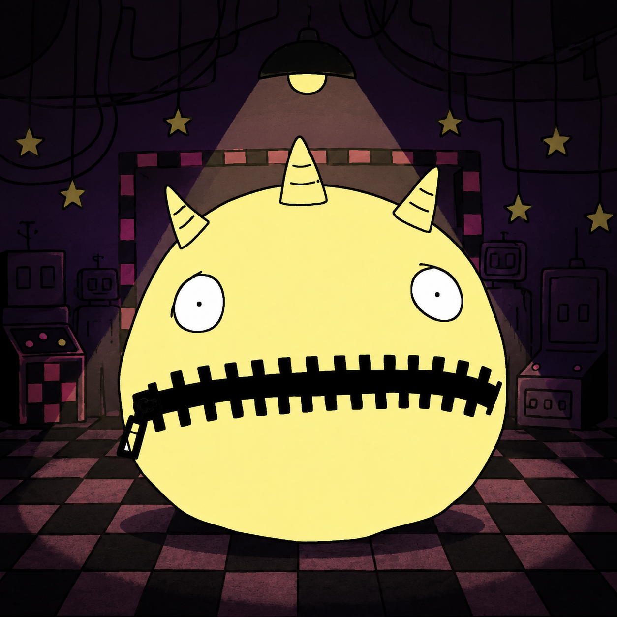 ZUMIX standing in a dark arcade room under a lamp