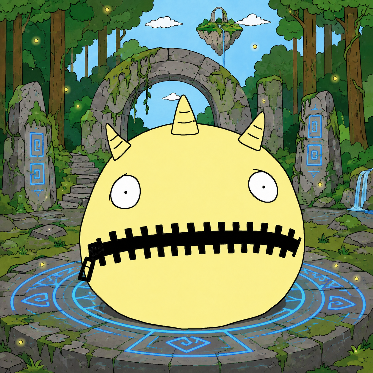ZUMIX at a glowing rune circle in forest ruins