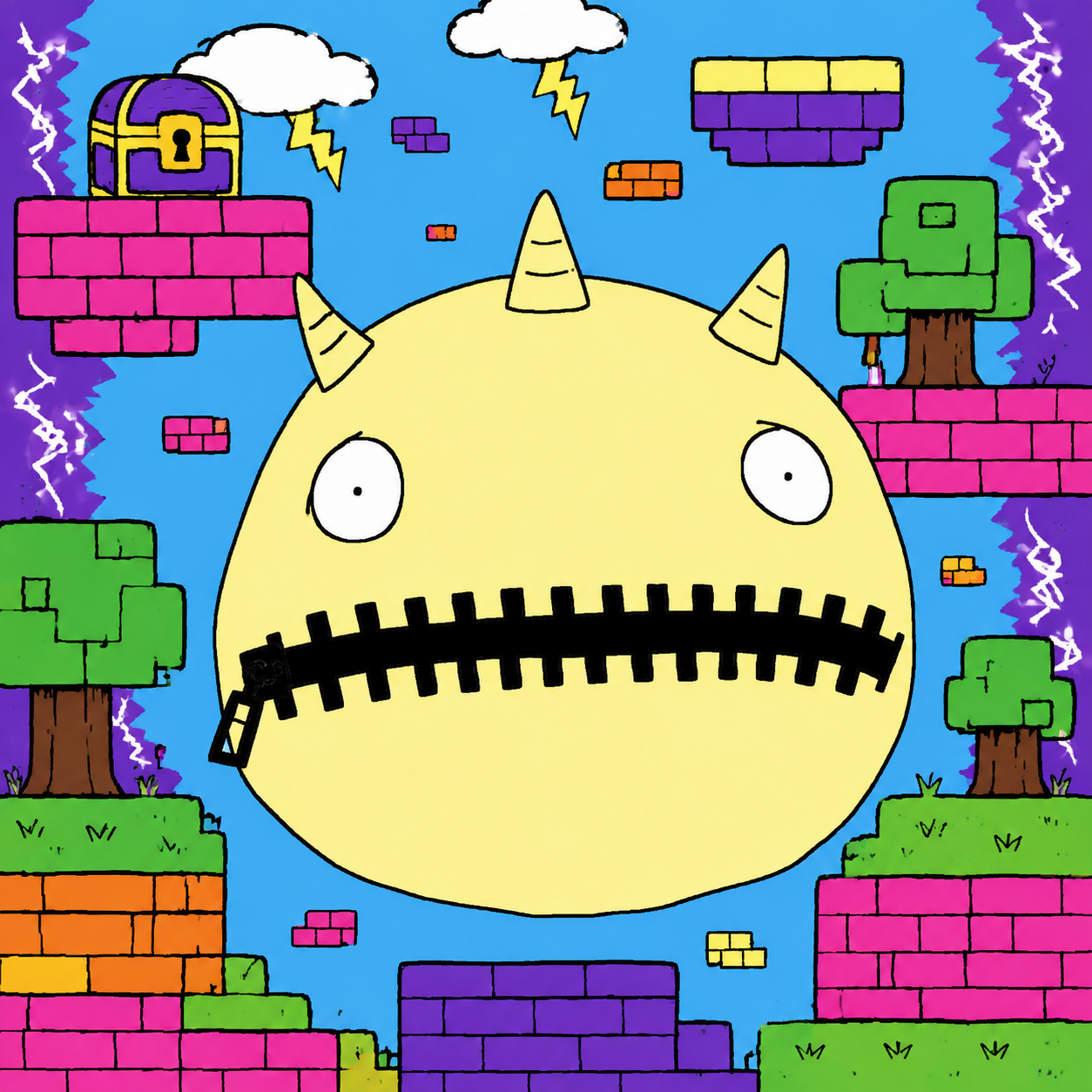 ZUMIX floating between colourful brick platforms in a storm